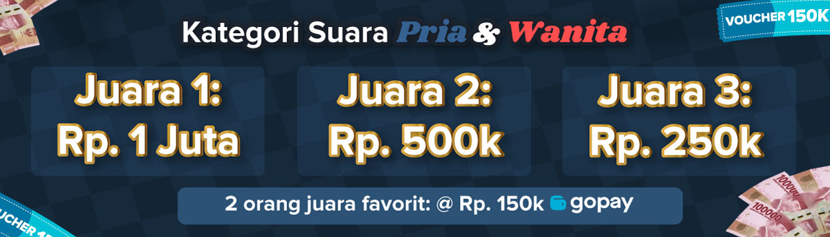 <b>Kategori VO Wanita :</b><ul><li>Pemenang kompetisi dan penerima hadiah akan mendapatkan e-certificate </li><li>Pemenang 1 mendapat hadiah Rp. 1 Juta + voucher kursus</li><li>Pemenang 2 mendapat hadiah Rp. 500 ribu + voucher kursus</li><li>Pemenang 3 mendapat hadiah Rp. 250 ribu + voucher kursus</li></ul><br><b>Kategori VO Pria :</b><ul><li>Pemenang kompetisi dan penerima hadiah akan mendapatkan e-certificate </li><li>Pemenang 1 mendapat hadiah Rp. 1 Juta + voucher kursus</li><li>Pemenang 2 mendapat hadiah Rp. 500 ribu + voucher kursus</li><li>Pemenang 3 mendapat hadiah Rp. 250 ribu + voucher kursus</li></ul><br><p>2 Peserta Juara Favorit pilihan Sobat QuBisa, mendapatkan hadiah voucher gopay Rp.150.000 </p>